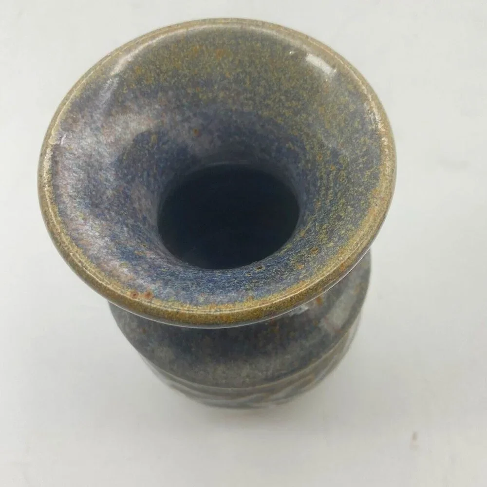 VTG Signed Studio Art Pottery Vase Blue Brown Speckled Glaze Stoneware 4.5